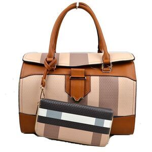 2-N-1 Plaid Print Flap Boston Satchel Bag & Wallet